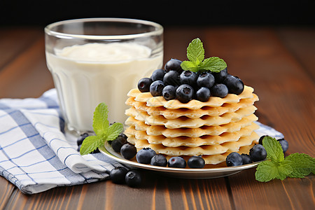 餐巾上的牛奶和蓝莓饼背景图片