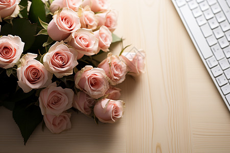 键盘旁的粉色玫瑰花图片