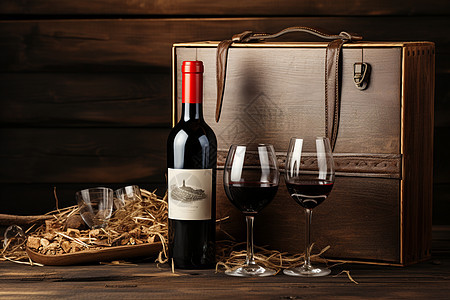 礼盒中的葡萄酒背景图片
