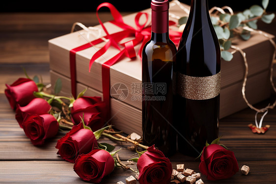 玫瑰花和红酒礼盒图片