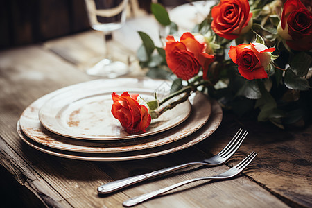 玫瑰花和餐具图片