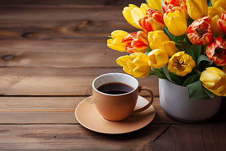 花盆里的郁金香和咖啡图片
