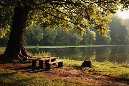 湖边树下的凳子图片