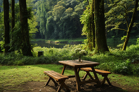 湖畔的野餐桌图片
