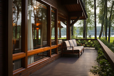 湖畔木屋的园林景观背景图片