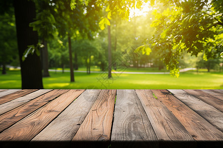 阳光明媚的花园木桌背景图片