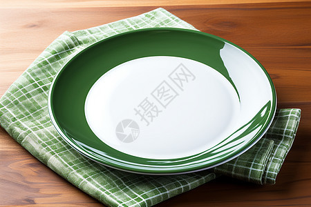 绿色餐布上的陶瓷餐盘图片