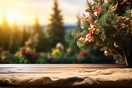 阳光明媚的木桌背景图片