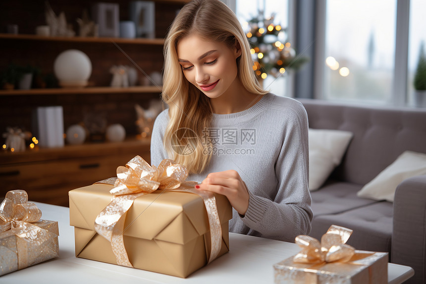 女人在桌前拆礼物图片