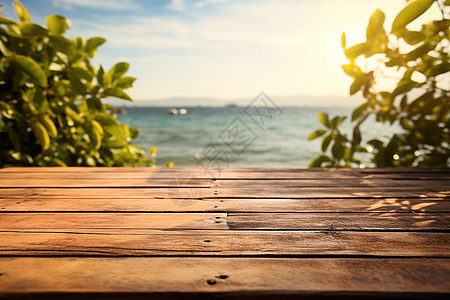 夏季湖畔的木桌背景图片