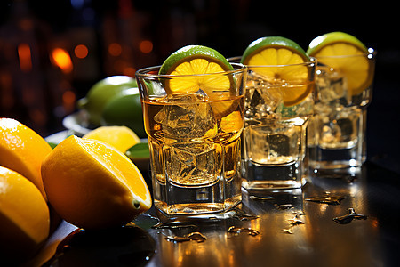 餐桌上的柠檬威士忌背景图片