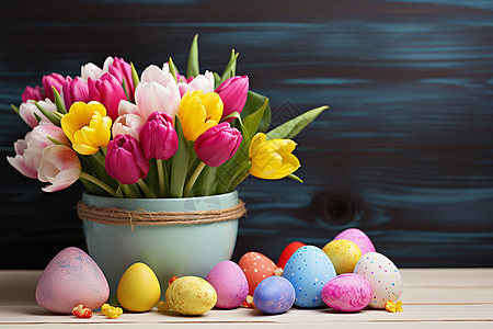复活节的彩蛋和郁金香花朵背景图片