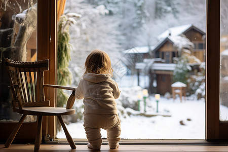 冬日女孩独自站在窗前观察庭院图片