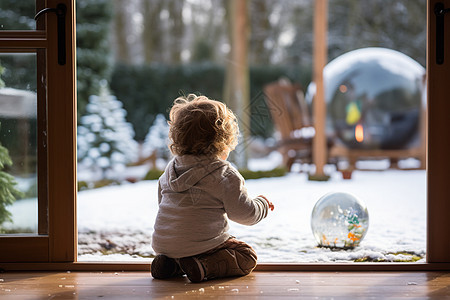 孩子眺望外面的雪地背景图片