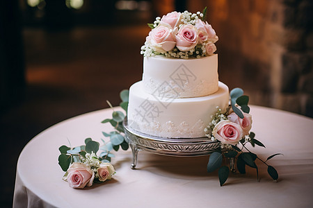 粉色花束装饰的婚礼蛋糕图片
