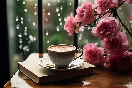 咖啡与书素材窗前的书香花艳背景