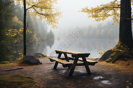 秋季湖畔的野餐桌背景图片