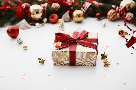 彩纸礼盒与圣诞树前的装饰物图片