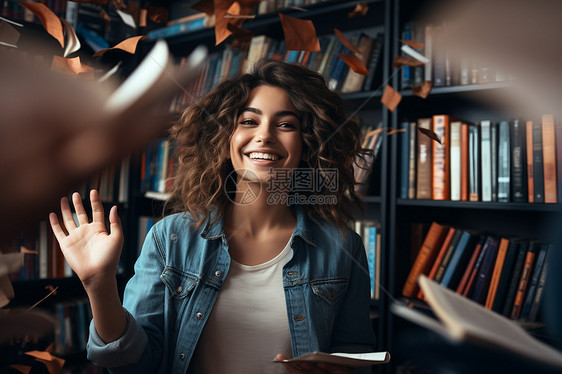 女学生在书架前微笑挥手图片