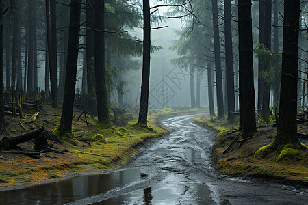 森林中湿漉漉的道路图片