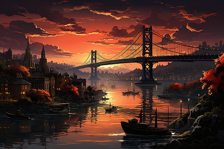 桥边夕阳背景图片