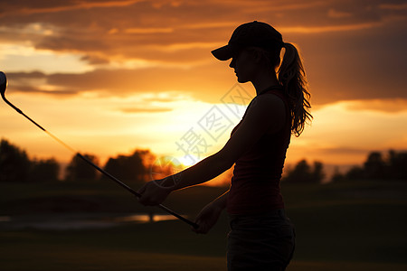 白衣女子黄昏下的高尔夫球女子背景