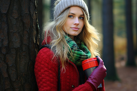 冬日森林中红色外套的女郎图片