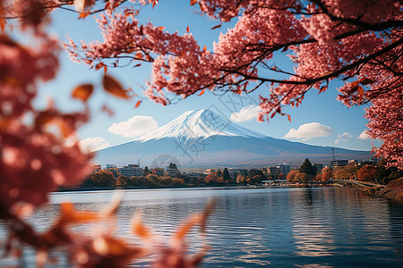 樱花湖上远眺雪岳图片