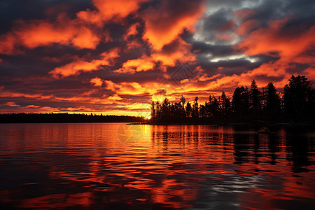 夕阳映照湖泊图片