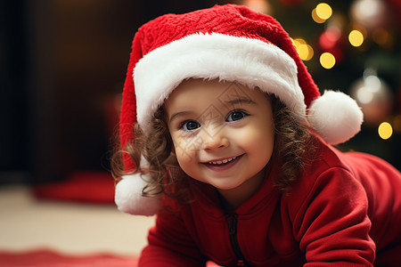 小女孩与圣诞树的温馨时刻图片