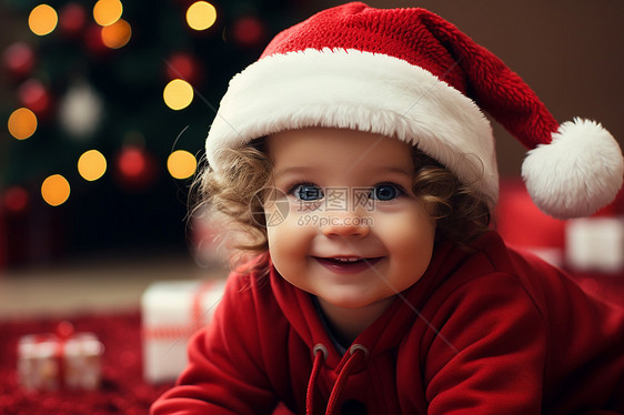 圣诞树旁的小宝宝图片