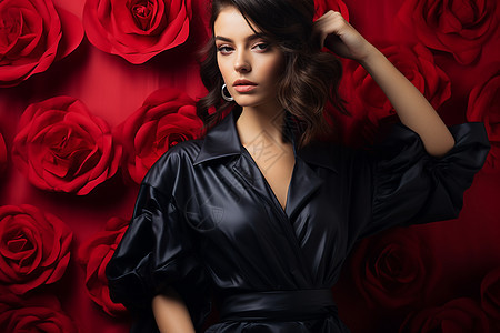 黑裙美女与红玫瑰墙图片