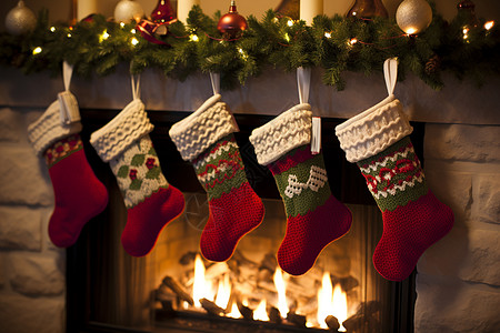 火炉上挂着长筒袜和圣诞装饰品图片
