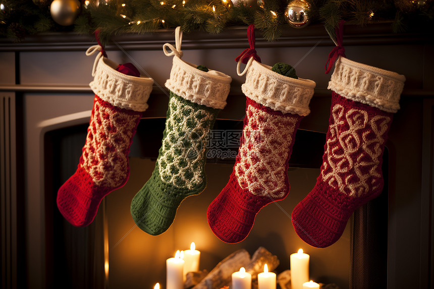 家中壁炉上挂着圣诞袜图片
