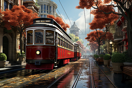 城市中行驶的电轨车背景图片