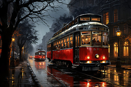城市雨中的红色电车背景图片