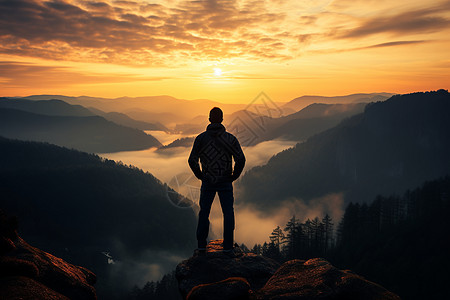 站在山顶欣赏日出的男人高清图片