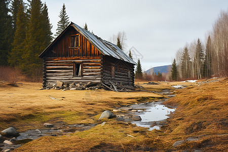 山林间的木屋背景图片