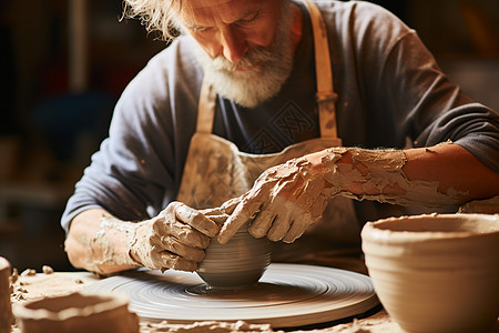 陶艺师在转盘上制作陶器图片