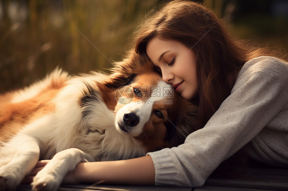 女孩躺在宠物狗头上图片