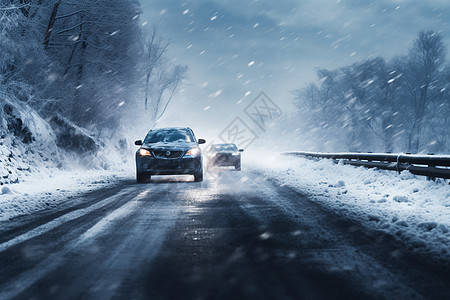 雪地道路上的汽车图片