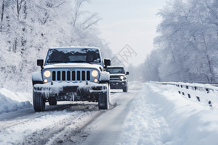 冬日林间积雪道路上的汽车图片