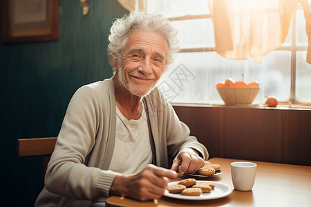 床边桌子吃点心的老人图片