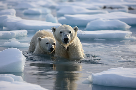 北極熊冰海中的两只北极熊背景