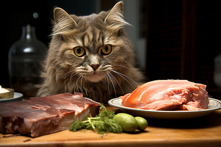 猫盯着肉和橙子图片