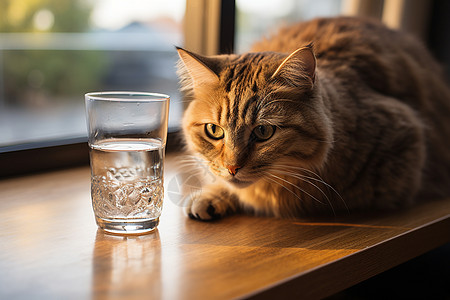 上悬窗城市视角下一只肥美的猫咪坐在桌子上旁边是一杯水和一扇窗背景