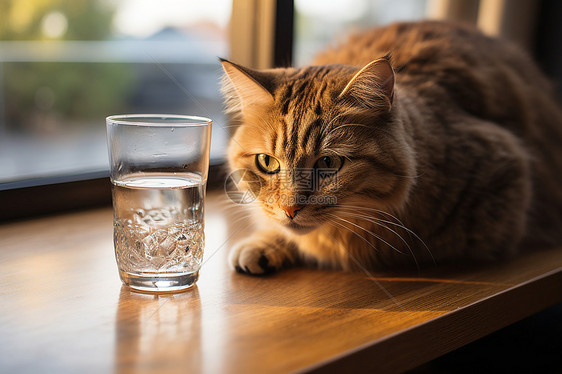 城市视角下一只肥美的猫咪坐在桌子上旁边是一杯水和一扇窗图片