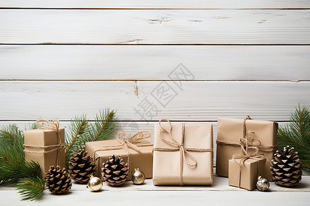 圣诞礼物与松树背景图片