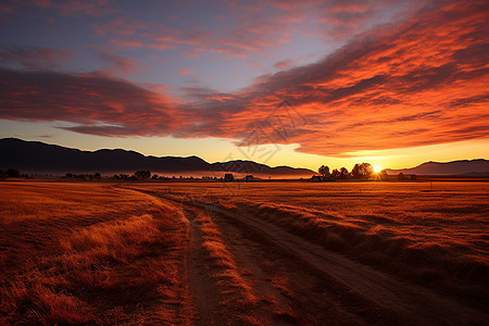 夕阳下农田中的一条土路图片
