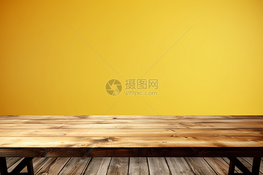 黄色背景前的原木桌图片
